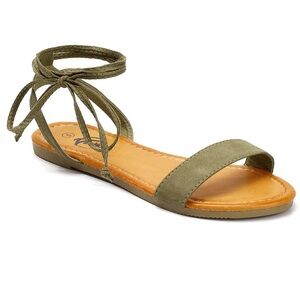 Green Flat Sandals with Ankle Ties and Open Toe
